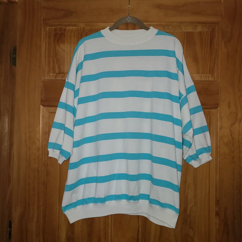 contrasts White with Teal Stripes 3/4 Sleeve Top